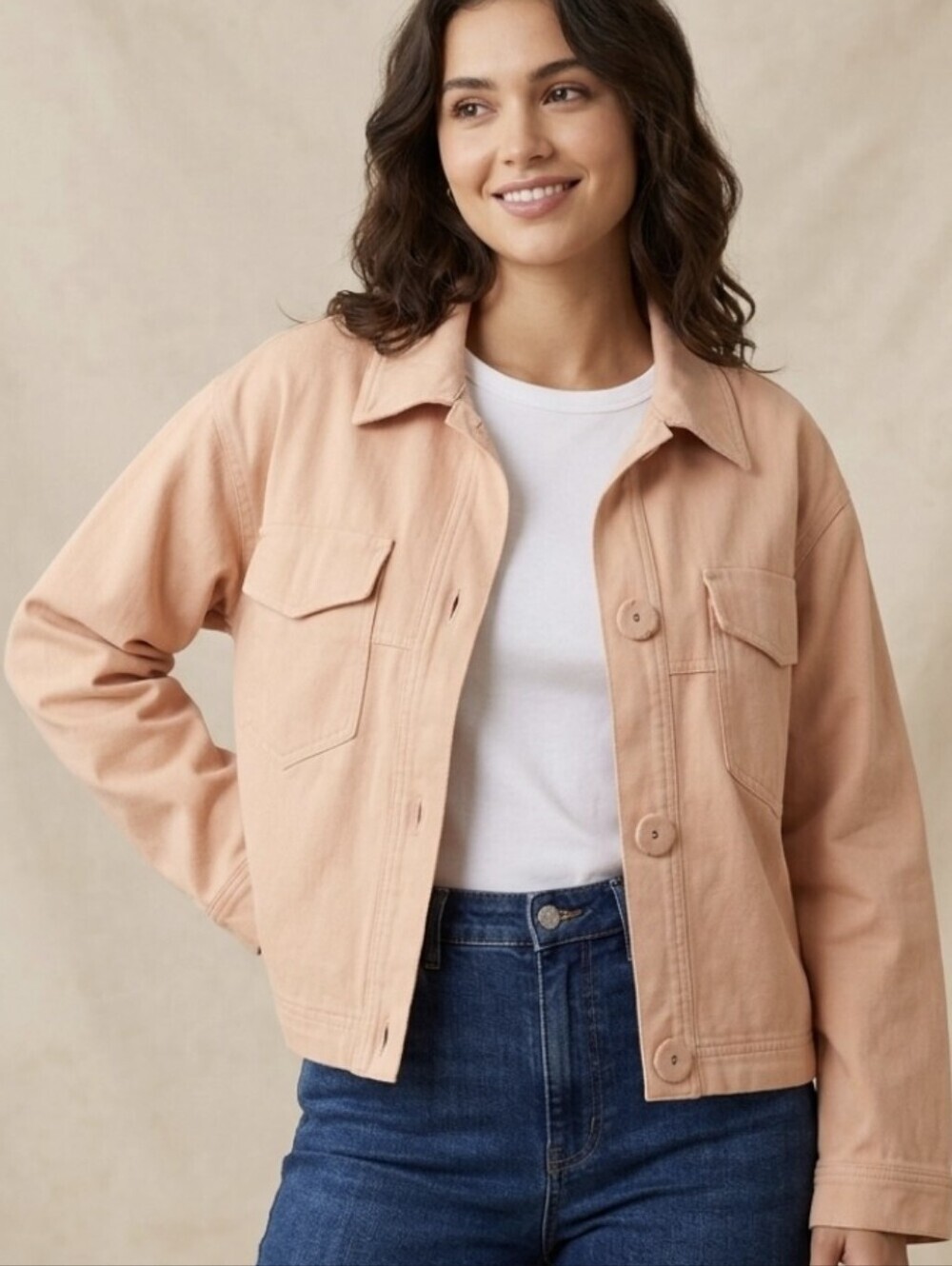 Sadie & Sage Light Peach Button-Front Jean Jacket